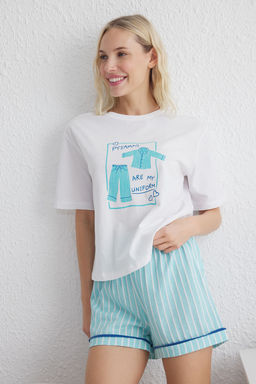 Trendyolmilla Beyaz-Pembe %100 Pamuklu Cizgili Bask?l? Sortlu Orme Pijama Tak?m? THMSS25PT00115 фото 2