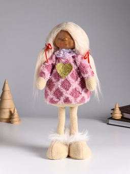 Интерьерная кукла текстильная Малышка с хвостиками в розовом платье с сердцем, 14?8.5?32 см