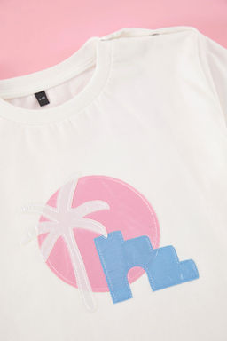 Ekru K?z Cocuk %100 Pamuk Palmiye Bask?l? Regular/Normal Kal?p K?sa Kol Orme T-Shirt TKDSS25TS00051 - Trendyolmilla фото 4