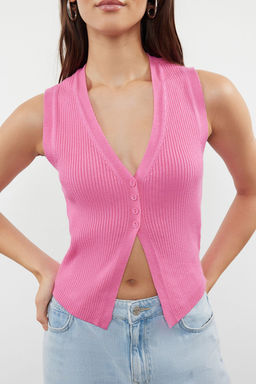 Pembe Premium Iplik / Ozel Iplik Crop Triko Yelek TWOSS24BZ00258