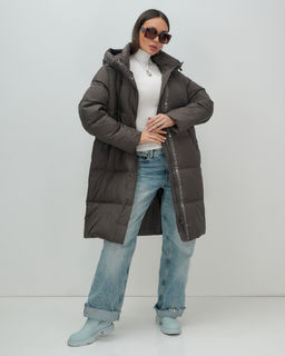 Пальто зимнее утепленное с капюшоном женское темно-коричневого цвета 7618TK - Visdeer фото 4