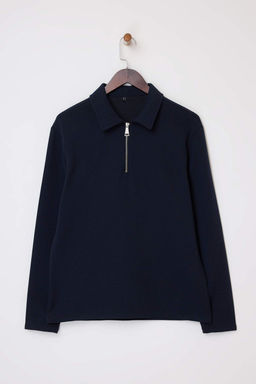 Lacivert Loose Fit Dokulu Fermuarl? Polo Yaka T-shirt TMNSS26PO00002