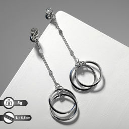 Серьги висячие со стразами Чувства кольца, белые в серебре, 5.5 см