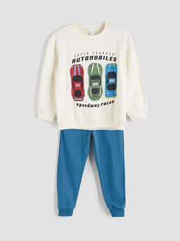 Bisiklet Yaka Bask?l? Erkek ?ocuk Sweatshirt ve E?ofman Alt 2li