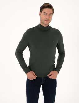 Koyu Haki Slim Fit Bal_k__ Yaka Basic Triko Kazak