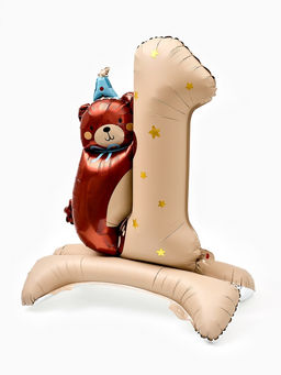 Цена за 2 шт. Воздушный шар фольгированный 32" "Цифра 1 с мишкой"  цвет бежевый, под воздух