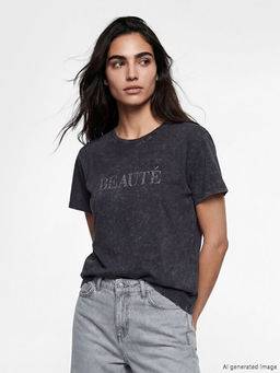 Bisiklet Yaka Ta? Bask?l? Kad?n Ti??rt