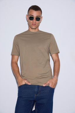Erkek Haki Regular Fit Bisiklet Yaka Basic Ti__rt