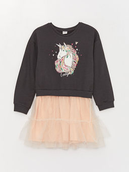 Bisiklet Yaka Bask?l? Uzun Kollu K?z ?ocuk Elbise