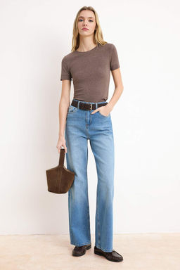 Ac?k Mavi Kemerli Yuksek Bel Uzun Boy Az Esnek Wide Leg Jeans TWOSS26JE00152