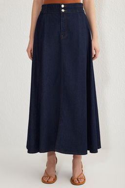 TRENDYOLMILLA Koyu Mavi Volanl? Beli Lastikli Maxi Denim Etek TWOSS25ET00006 фото 3