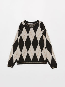 Bisiklet Yaka Desenli Uzun Kollu K?z ?ocuk Triko Kazak