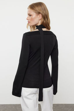 Trendyolmilla Siyah Sal Detayl? Fitted/Vucuda Oturan Esnek Orme Bluz TWOAW25BZ00107  фото 14