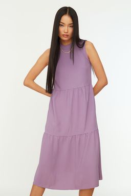 TRENDYOLMILLA Kahverengi Shift/Duz Kesim Dik Yaka Midi Dokuma Elbise TWOSS20EL1864 фото 14