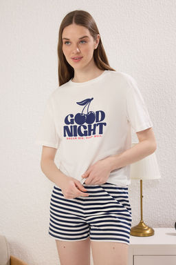 Trendyolmilla Kad?n Mini Me/Anne K?z Lacivert %100 Pamuklu Cizgili Sortlu Orme Pijama Tak?m? THMSS25PT00296  фото 3