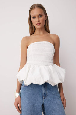 Beyaz Straplez Dantel Detayl? Peplum Party Bluz TPRAW26BZ00004 - Trendyolmilla фото 2