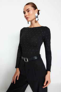 Siyah Parlak Tas Bask?l? Pamuklu Uzun Kol Esnek Alttan C?tc?tl? Orme Body TWOAW24BD00059