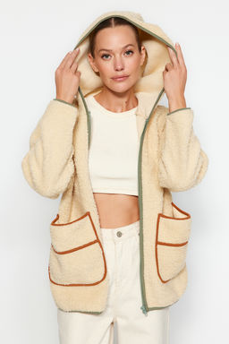 TRENDYOLMILLA Ekru Kal?n Polar Kontrast Biyeli Kapusonlu Relaxed/Rahat Kal?p Orme Sweatshirt TWOAW24SW00021  фото 3