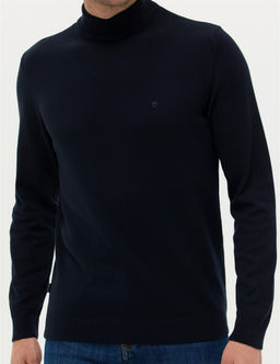 Lacivert Slim Fit Yar_m Bal_k__ Yaka Basic Triko Kazak