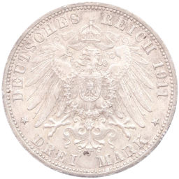 Монета 3 марки 1911 года F Германия (Вюртемберг) 25 лет свадьбе Вильгельма II и Шарлотты