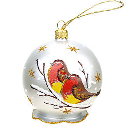 Елочная игрушка шар стеклянная Птички д7,5см, юбка-колокольчик, ручная художественная роспись, подарочная упаковка (Россия)
