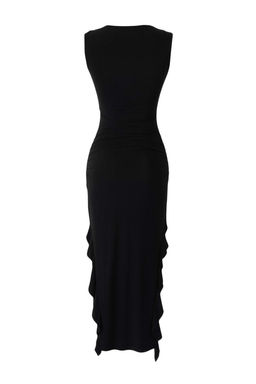 Siyah Bodycone S?f?r Kol Y?rtmacl? F?rf?r Detayl? Esnek Kal?n Sandy Maxi Kalem Elbise TWOSS24EL00688