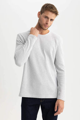 Базовая футболка узкого кроя с круглым вырезом и длинными рукавами - Defacto фото 3