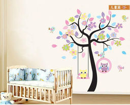 Наклейка интерьерная винил 160*160 см Совы на разноцветном дереве. 904652