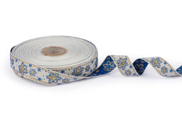 Лента жаккардовая 23 - 25 мм BLITZ С1857 рис. 8887В 25 м лента отделочная Снежинка белый/синий/под золото