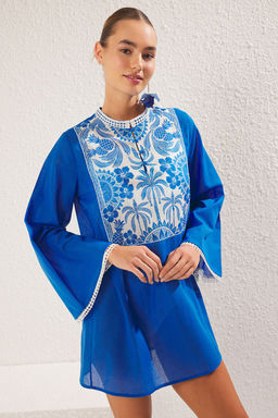 Tropikal Desenli Dokuma %100 Pamuk Plaj Mini Elbise TBESS25EL00027