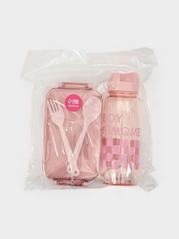 Ланч-бокс, 2 отделения, 2 яруса, с вилкой и ложкой, бутылкой 500мл,20х17х5,5 см,цвет розовый   10949