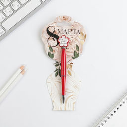 Ручка шариковая, синяя паста, пластик, 1.0 мм, на подложке-ваза 8 марта: Цветок