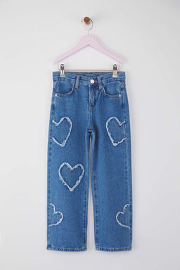 Mavi K?z Cocuk Genis Paca Y?ld?z Desenli %100 Pamuk Lastikli Denim Pantolon TKDAW25PL00001 - Trendyolmilla фото 7