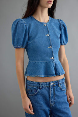 Mavi Balon Kollu D__me Detayl_ Peplum Denim Bluz TWOAW27BZ00037 - Trendyolmilla фото 4