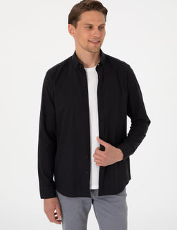 Siyah Keten G_r_n_ml_ Slim Fit Uzun Kollu G_mlek