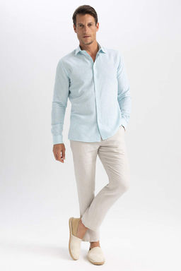 Рубашка с длинными рукавами и воротником-поло Modern Fit из смесового льна - Defacto фото 2