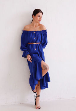 Длинное платье с открытыми плечами синее - Martichelli фото 8