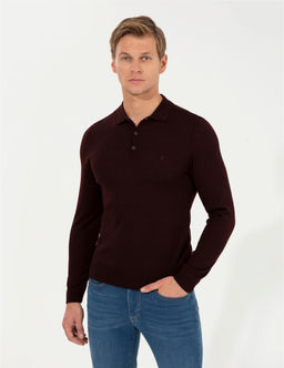 Bordo Regular Fit Polo Yaka Y_n Kar___ml_ Basic Triko Kazak - Pierre cardin фото 4