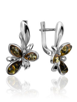 Нарядные серьги Кипарис с янтарём зелёного цвета