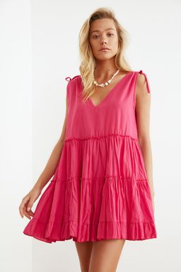 TRENDYOLMILLA Sar? Genis Kal?p Dokuma %100 Pamuk F?rf?rl? Mini Plaj Elbisesi TBESS21EL1247  фото 21