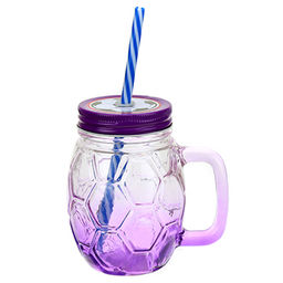 Кружка стеклянная Футбол 450мл, д6,2см h12см, д/основания 5,2см, с трубочкой, цветное стекло-микс, металлическая, цветная, винтовая крышка с отверстием для трубочки (Китай)