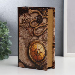 Шкатулка книга-сейф «Старые карты и золотой компас», дерево и искусственная кожа, с замком, 21×13×5 см