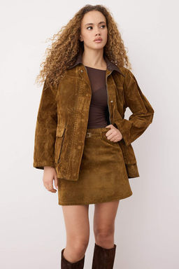 Camel Yakas? Deri Detayl? Suet Gorunumlu Oversize Denim Ceket TWOAW26CE00051