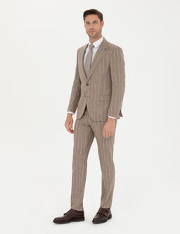 Bej _izgili Ekstra Slim Fit Y_n Tak_m Elbise