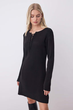Siyah Duz K?sa / Mini Baglama Detayl? Bodycone Triko Elbise TWOAW26EL00153