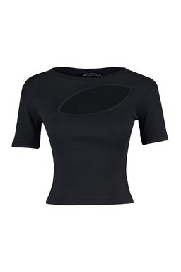 Siyah Cut Out Detayl? Fitted/Vucuda Oturan Bisiket Yaka Crop Fitilli Esnek Orme Bluz TWOSS22BZ0355