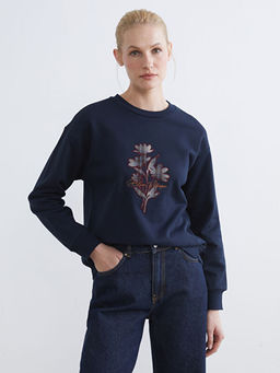Bisiklet Yaka ?i?ekli Kad?n Kal?n Sweatshirt