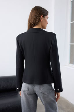 Siyah Aksesuar Dugmeli Cepli Fitted/Bele Oturan Dokuma Blazer Ceket TWOAW26BC00007