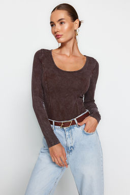 Kahverengi Eskitme/Soluk Efektli Pamuklu Uzun Kol Esnek C?tc?tl? Orme Body TWOAW24BD00044