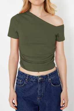 Trendyolmilla Siyah Buzgulu Asimetrik Yaka Esnek Orme Bluz TWOSS24BZ00073 фото 10